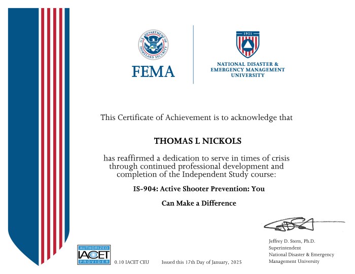 Active Shooter Prevention: You Can Make a Difference Certificate